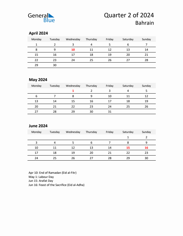 2024 Q2 Three-Month Calendar for Bahrain