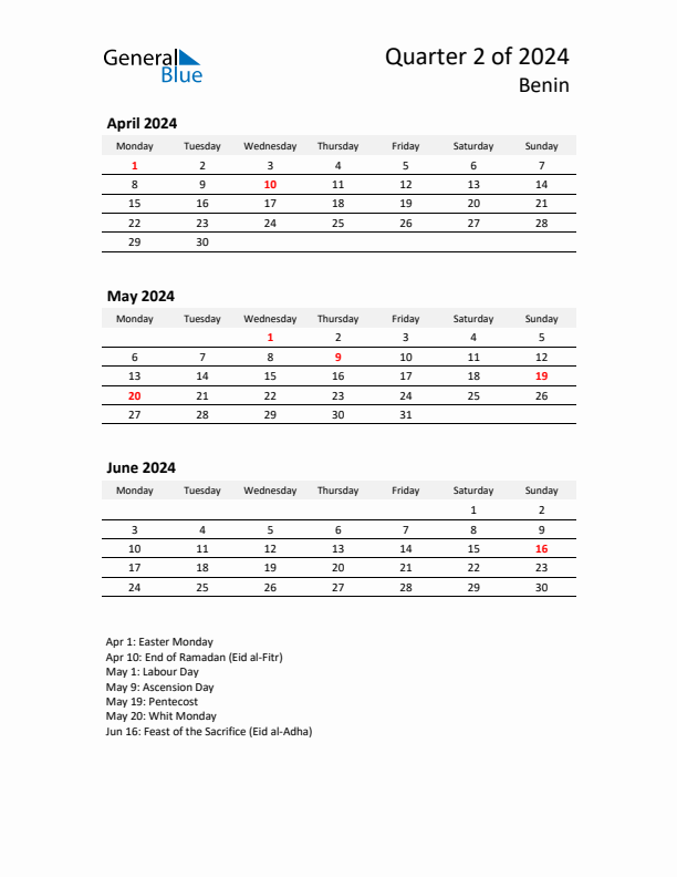 2024 Q2 Three-Month Calendar for Benin