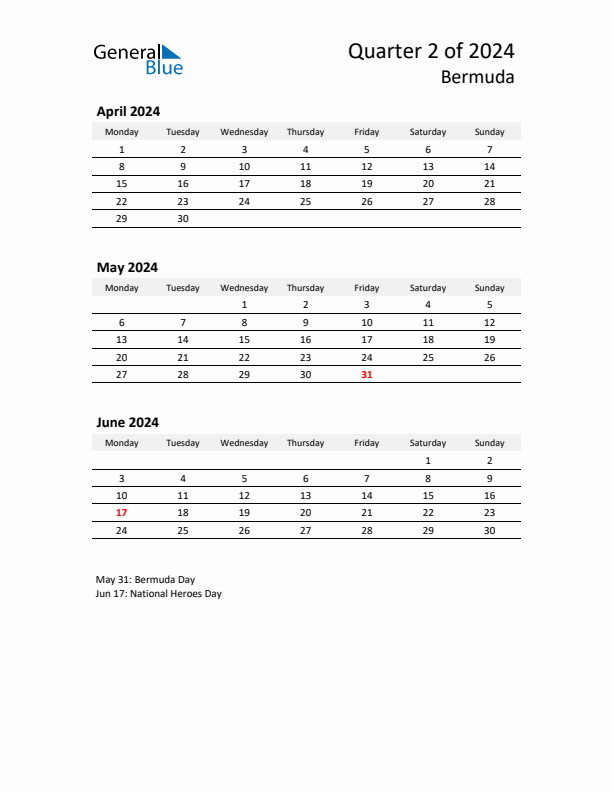 2024 Q2 Three-Month Calendar for Bermuda