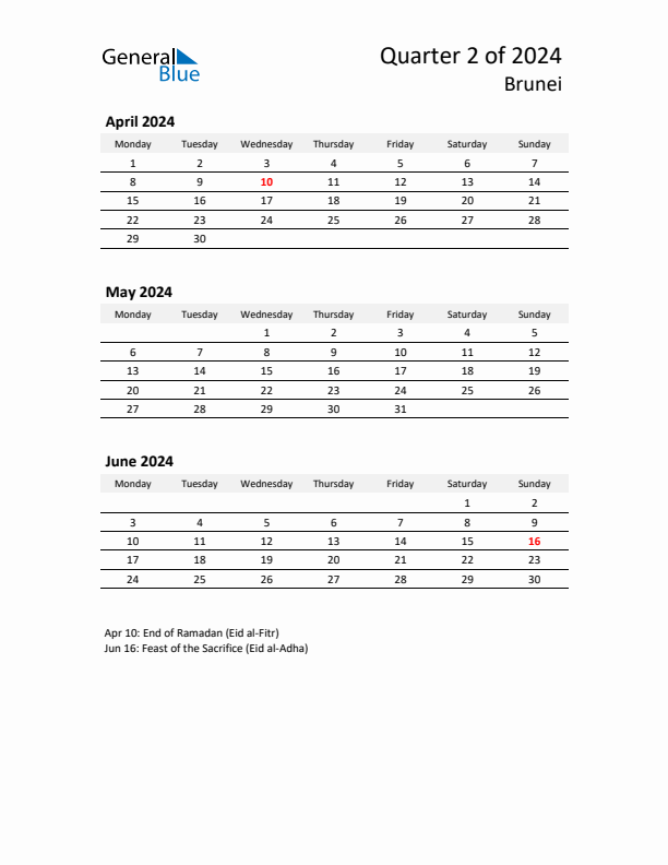 2024 Q2 Three-Month Calendar for Brunei