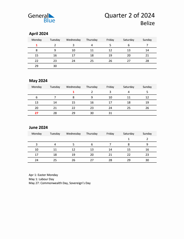 2024 Q2 Three-Month Calendar for Belize