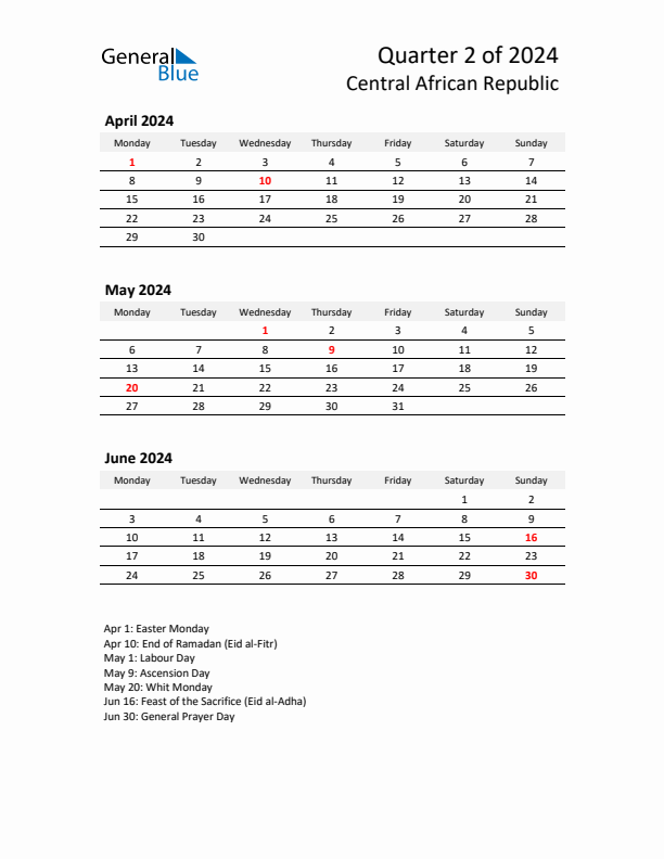 2024 Q2 Three-Month Calendar for Central African Republic