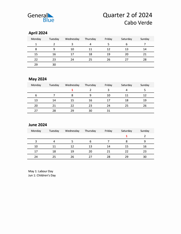 2024 Q2 Three-Month Calendar for Cabo Verde