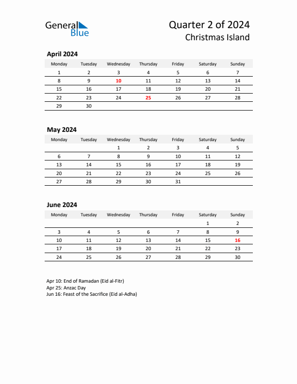 2024 Q2 Three-Month Calendar for Christmas Island