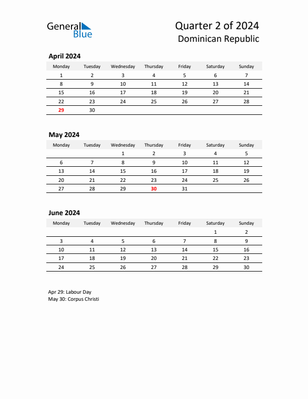 2024 Q2 Three-Month Calendar for Dominican Republic