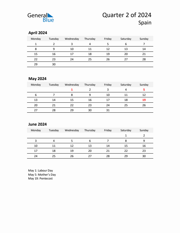 2024 Q2 Three-Month Calendar for Spain