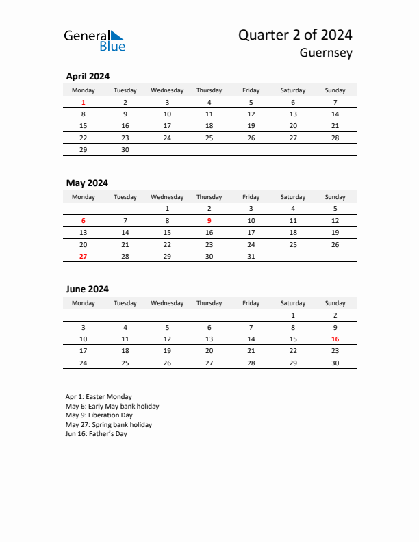 2024 Q2 Three-Month Calendar for Guernsey