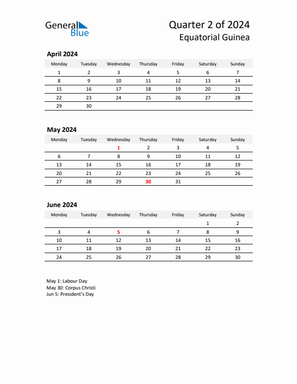 2024 Q2 Three-Month Calendar for Equatorial Guinea