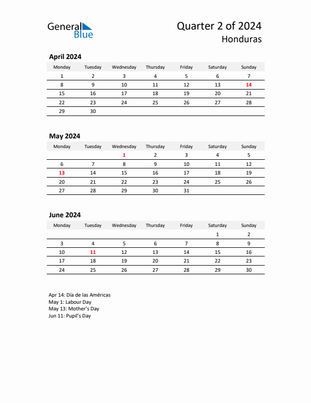 2024 Q2 Three-Month Calendar for Honduras