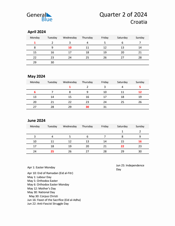 2024 Q2 Three-Month Calendar for Croatia