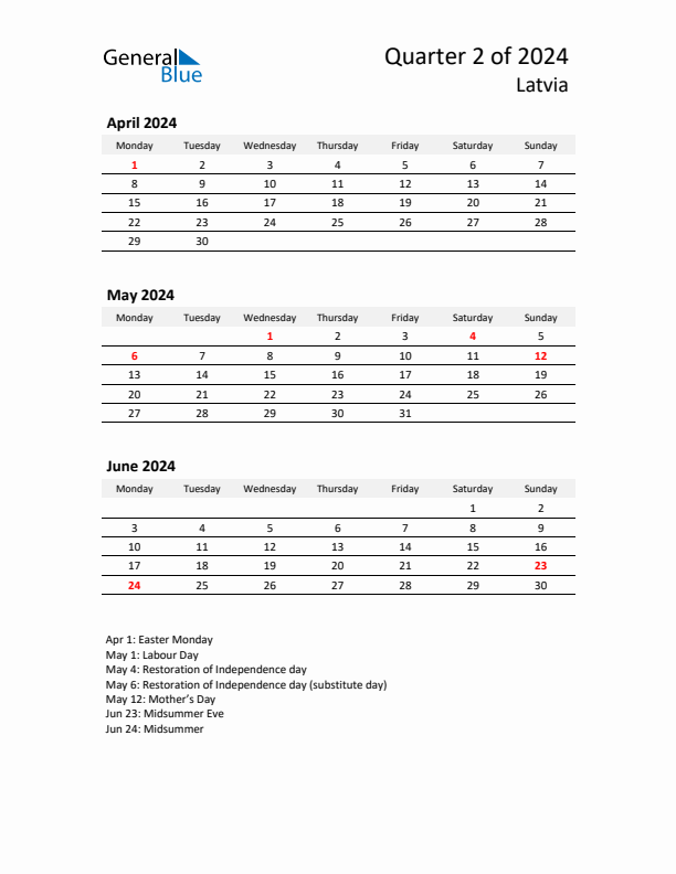 2024 Q2 Three-Month Calendar for Latvia