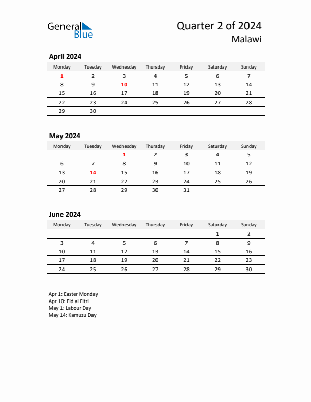 2024 Q2 Three-Month Calendar for Malawi