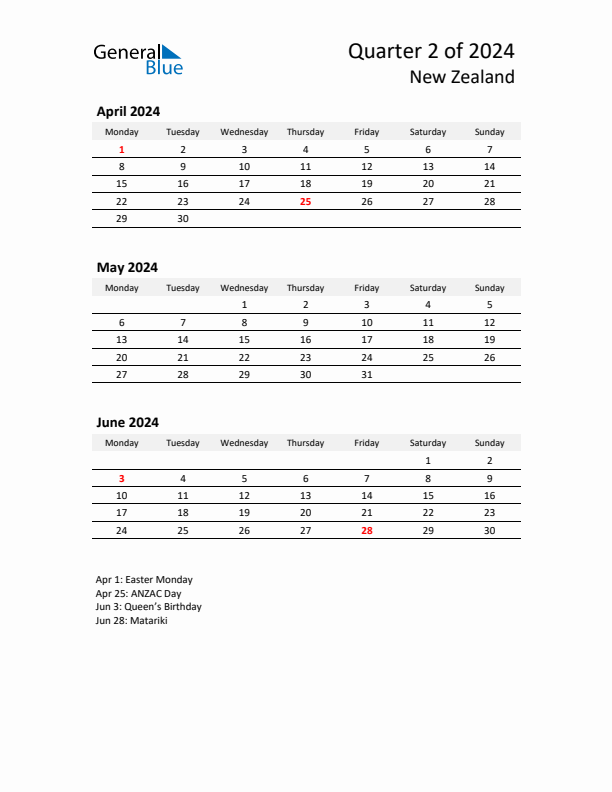 2024 Q2 Three-Month Calendar for New Zealand