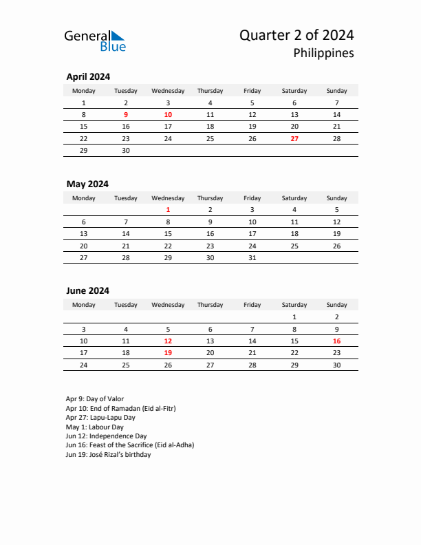 2024 Q2 Three-Month Calendar for Philippines