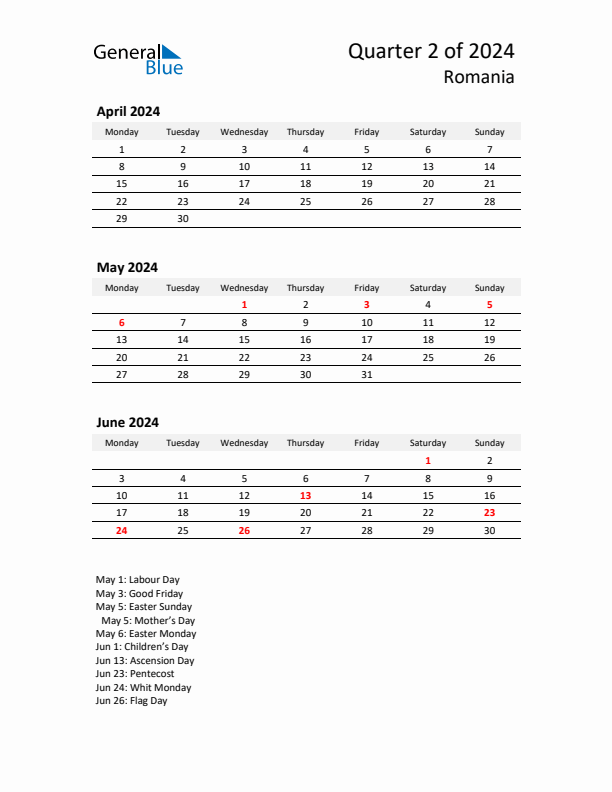 2024 Q2 Three-Month Calendar for Romania