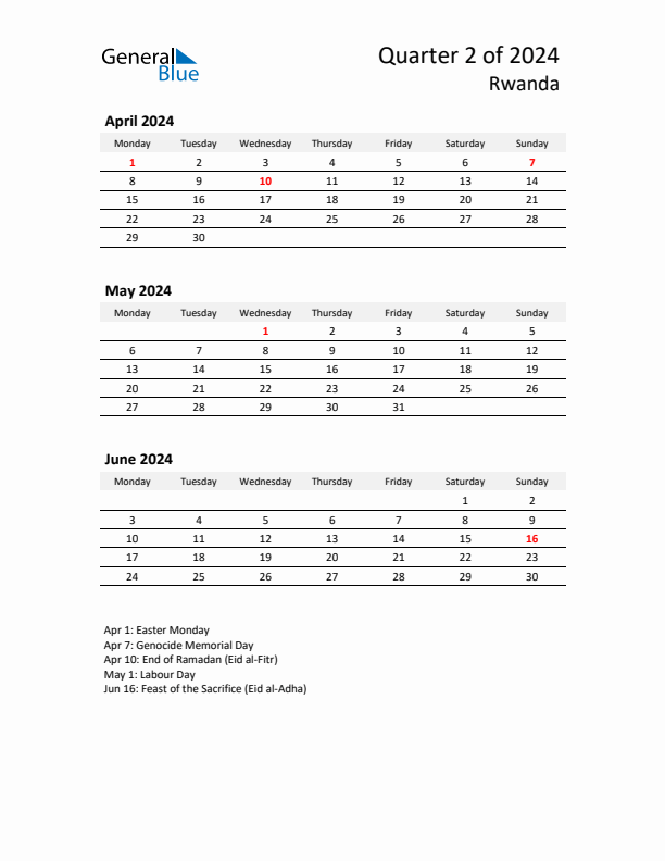 2024 Q2 Three-Month Calendar for Rwanda