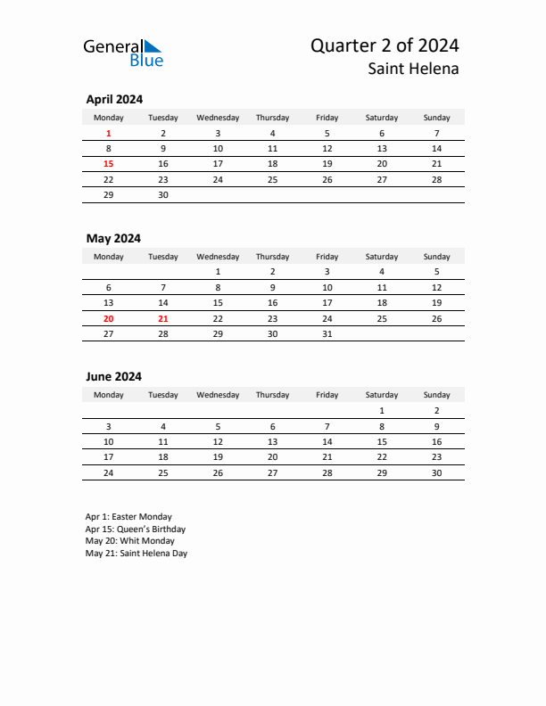 2024 Q2 Three-Month Calendar for Saint Helena