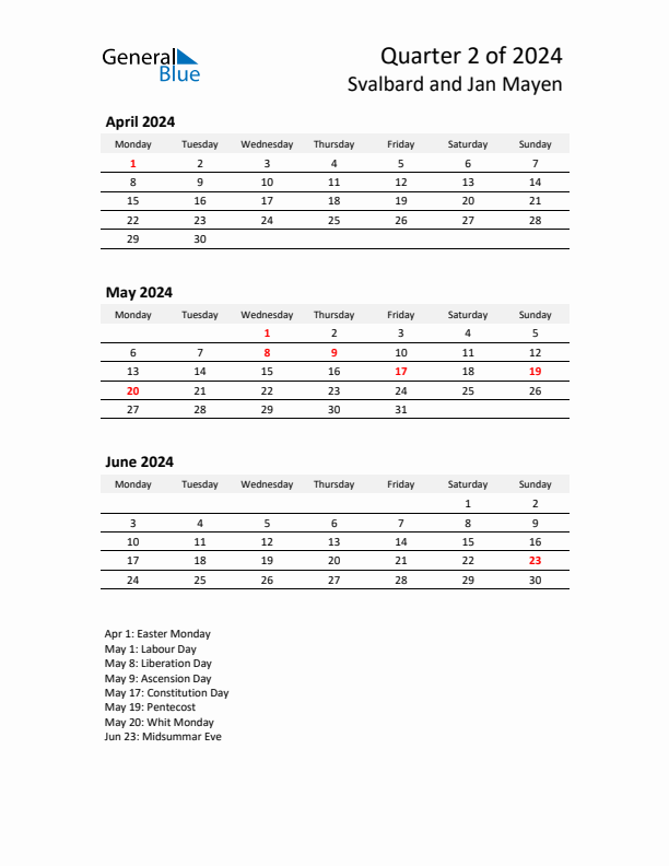 2024 Q2 Three-Month Calendar for Svalbard and Jan Mayen