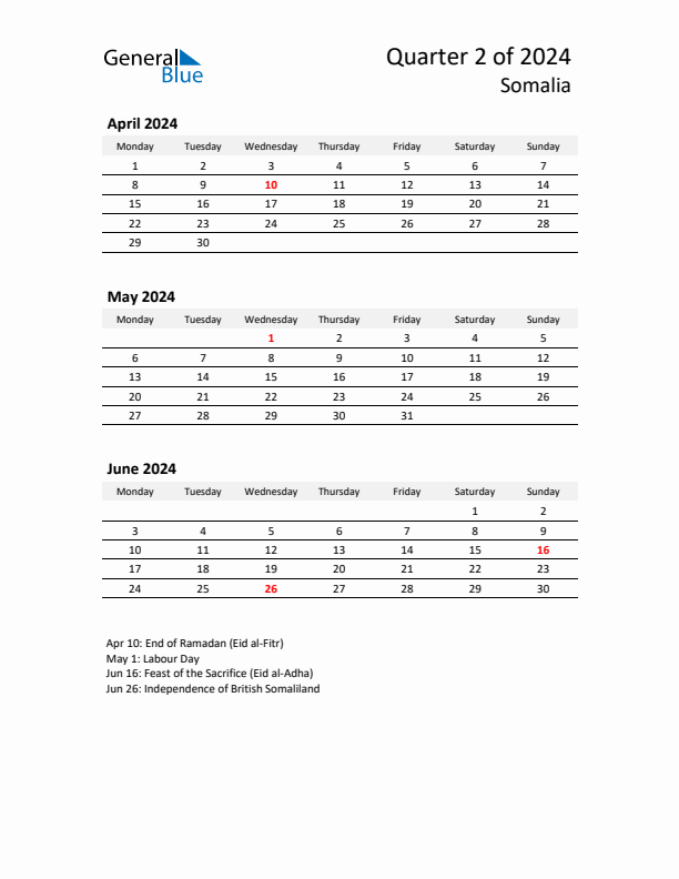 2024 Q2 Three-Month Calendar for Somalia