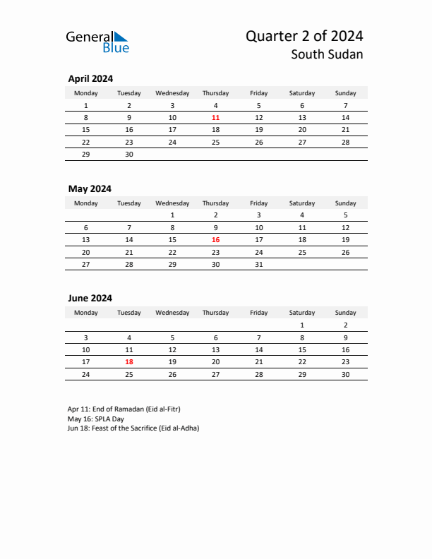 2024 Q2 Three-Month Calendar for South Sudan