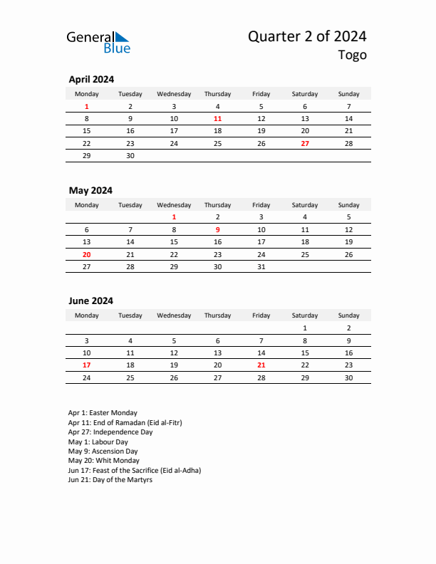 2024 Q2 Three-Month Calendar for Togo