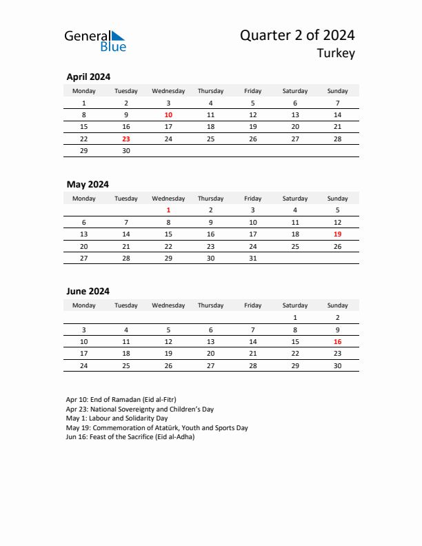 2024 Q2 Three-Month Calendar for Turkey