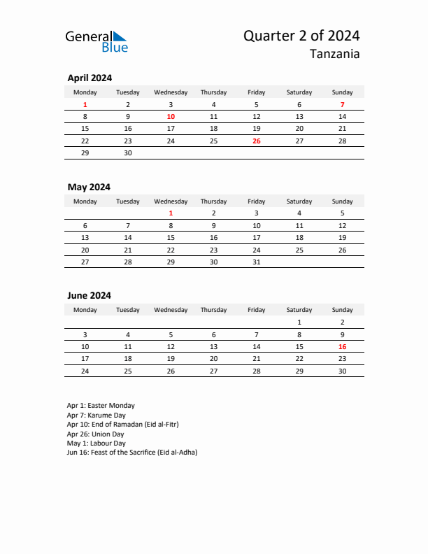 2024 Q2 Three-Month Calendar for Tanzania