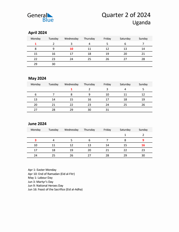 2024 Q2 Three-Month Calendar for Uganda