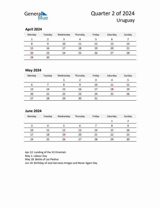 2024 Q2 Three-Month Calendar for Uruguay