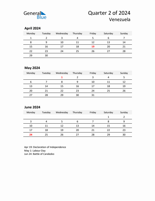 2024 Q2 Three-Month Calendar for Venezuela