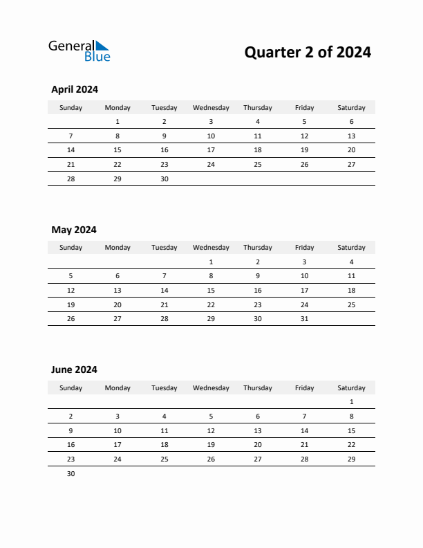 2024 Three-Month Calendar (Quarter 2)