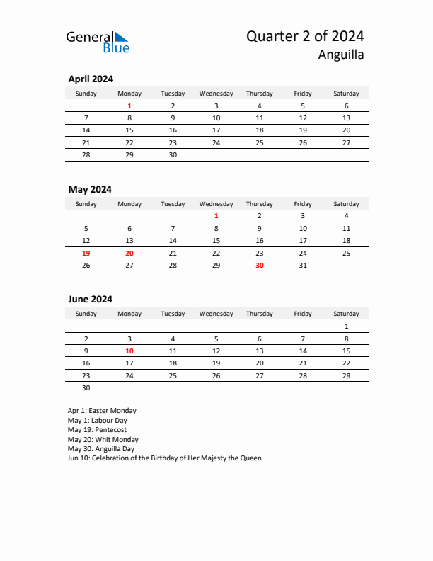 2024 Q2 Three-Month Calendar for Anguilla