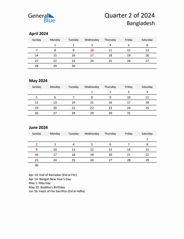 2024 Q2 Three-Month Calendar for Bangladesh