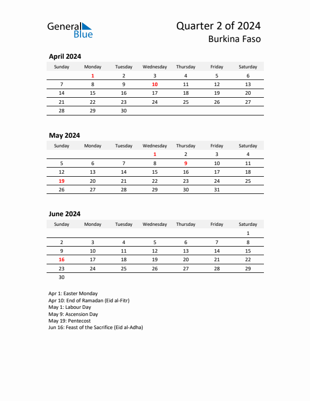 2024 Q2 Three-Month Calendar for Burkina Faso