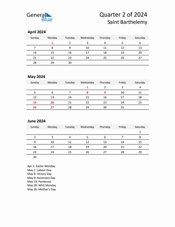 2024 Q2 Three-Month Calendar for Saint Barthelemy