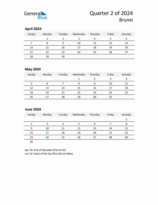 2024 Q2 Three-Month Calendar for Brunei