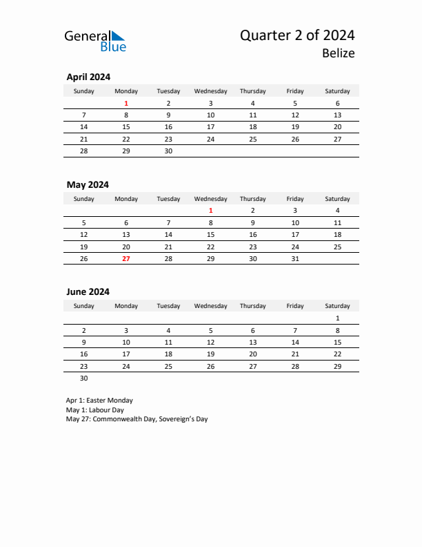 2024 Q2 Three-Month Calendar for Belize