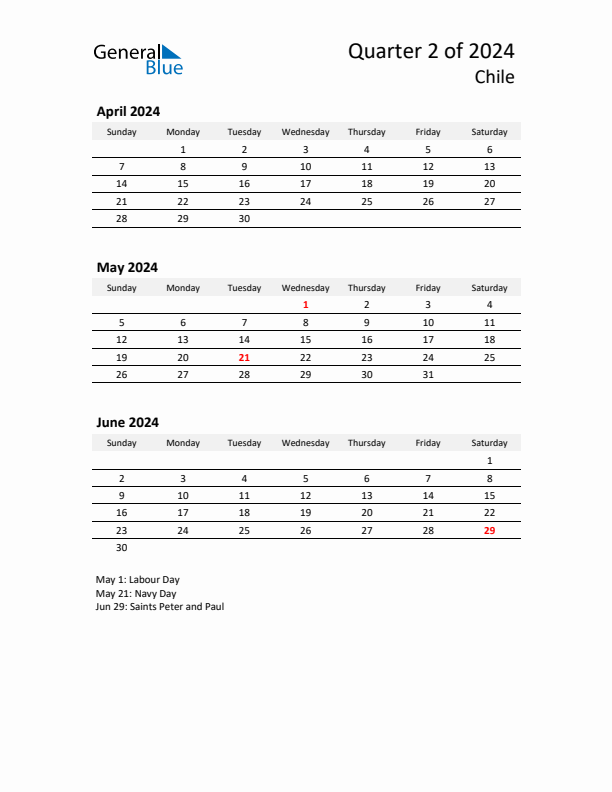 2024 Q2 Three-Month Calendar for Chile