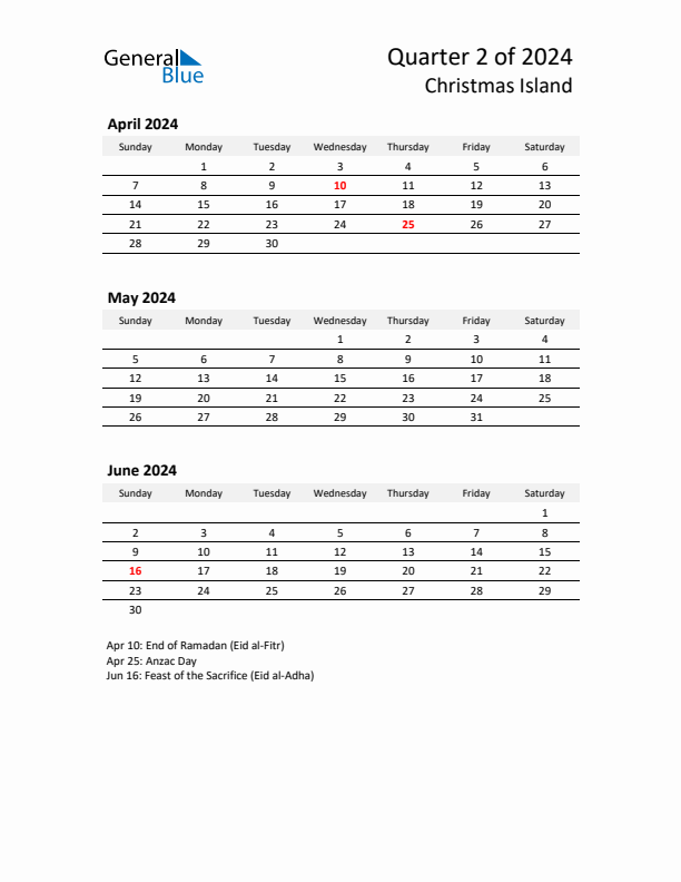 2024 Q2 Three-Month Calendar for Christmas Island