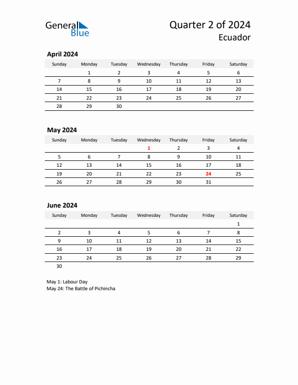 2024 Q2 Three-Month Calendar for Ecuador