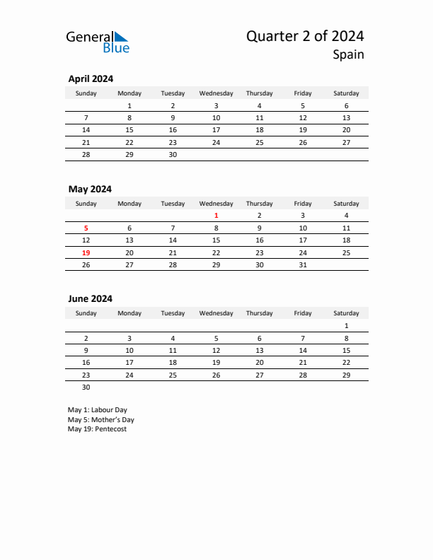 2024 Q2 Three-Month Calendar for Spain