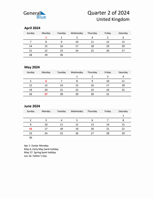 2024 Q2 Three-Month Calendar for United Kingdom