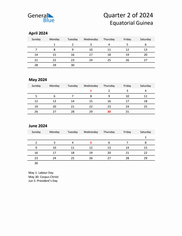 2024 Q2 Three-Month Calendar for Equatorial Guinea