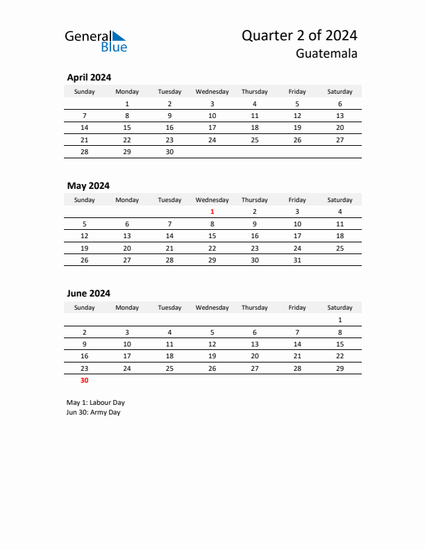 2024 Q2 Three-Month Calendar for Guatemala