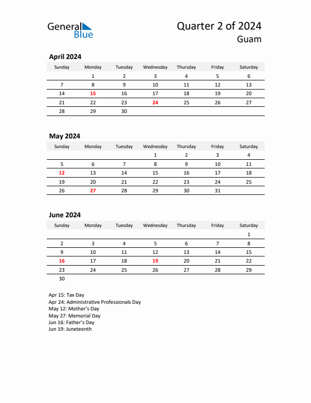 2024 Q2 Three-Month Calendar for Guam