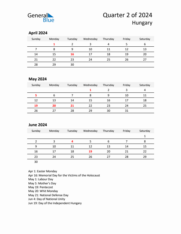 2024 Q2 Three-Month Calendar for Hungary