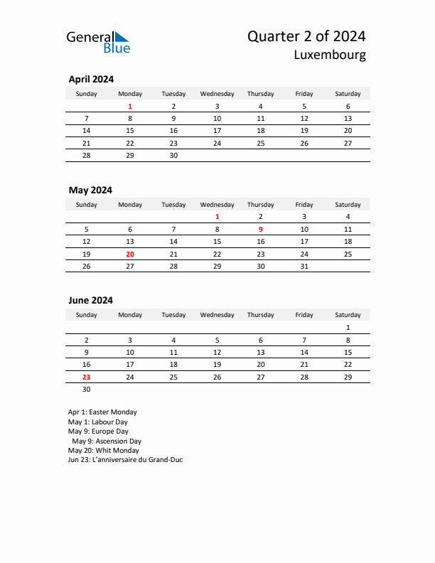 2024 Q2 Three-Month Calendar for Luxembourg