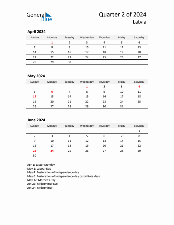 2024 Q2 Three-Month Calendar for Latvia