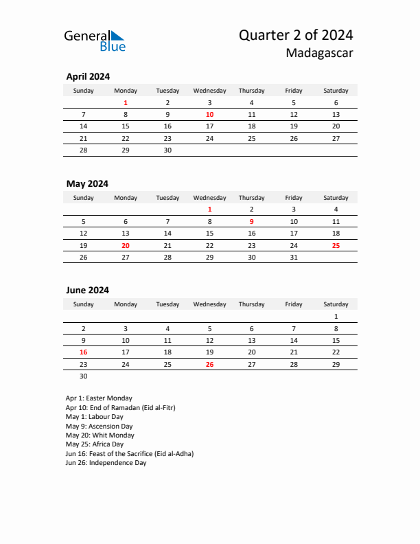 2024 Q2 Three-Month Calendar for Madagascar