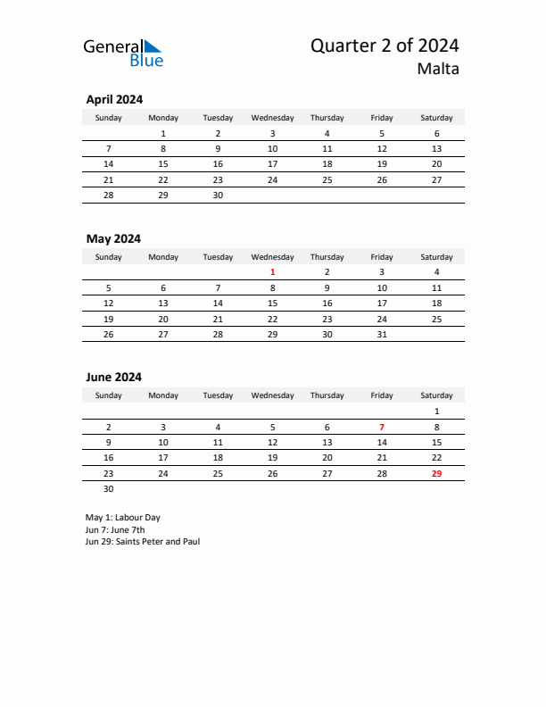 2024 Q2 Three-Month Calendar for Malta